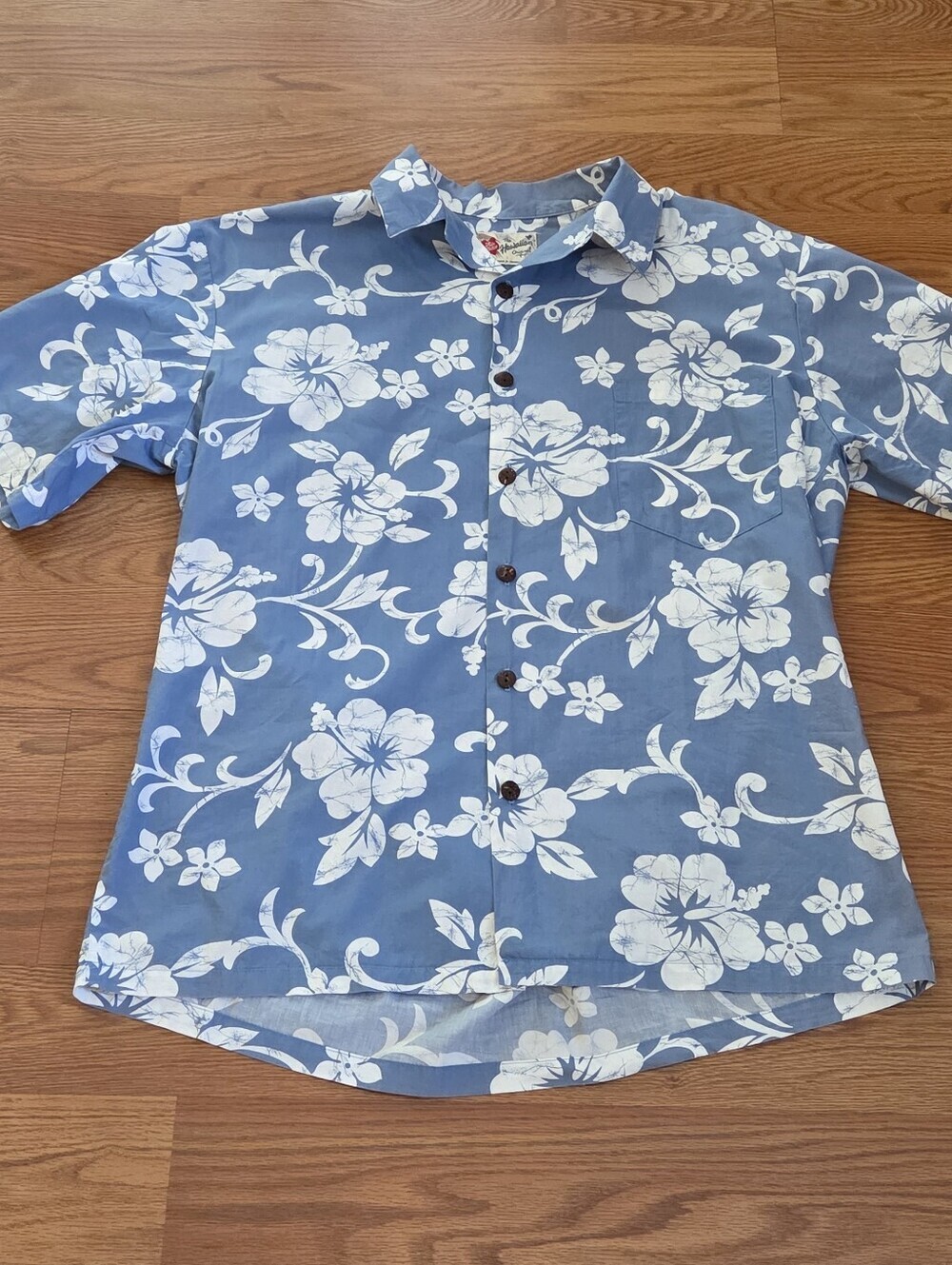 Hilo Hattie Blue & White Floral Hawaiian Shirt Tropical Men's Large 100% Cotton